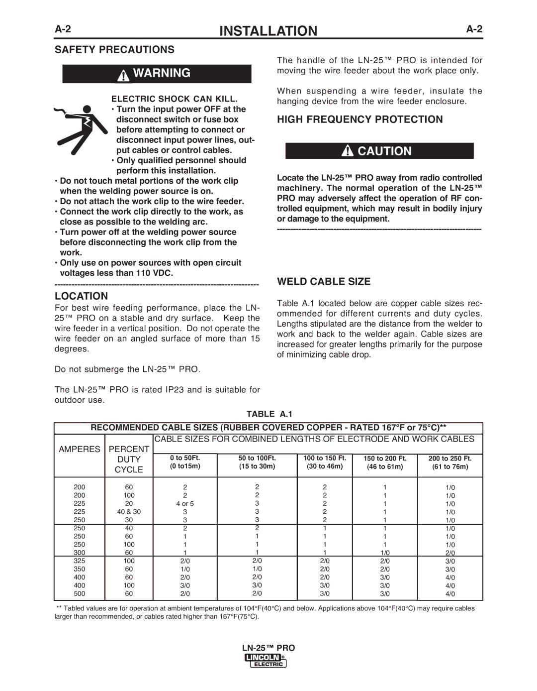 Lincoln Electric IM10031-A manual Safety Precautions, Location, High Frequency Protection, Weld CAbLE SIzE 