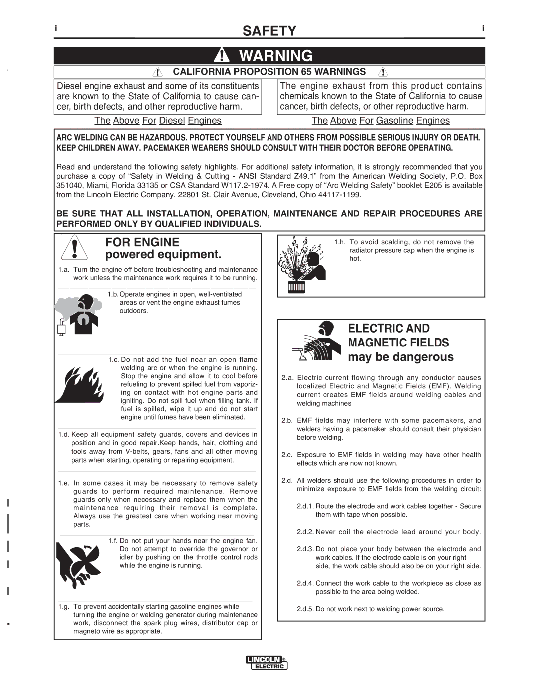 Lincoln Electric IM10031-A manual Safety, California Proposition 65 Warnings 