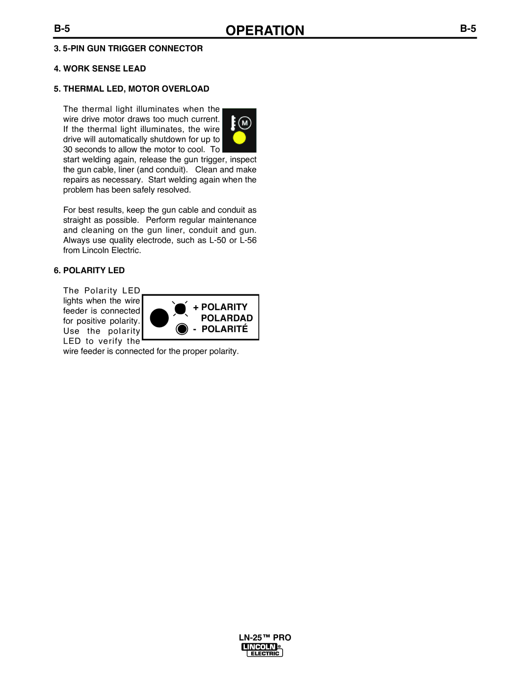 Lincoln Electric IM10031-A manual Polarity LED 