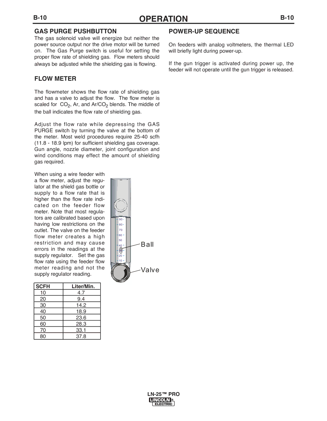 Lincoln Electric IM10031-A manual GAS Purge PUSHbUTTON, Flow Meter, POWER-UP Sequence, Liter/Min 