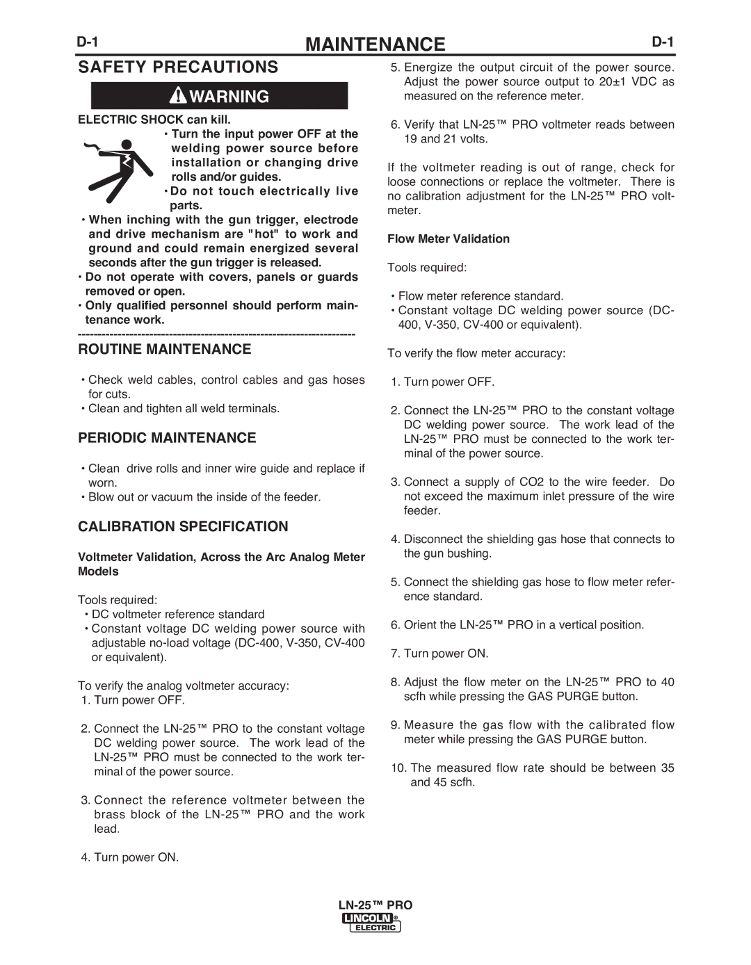 Lincoln Electric IM10031-A manual Routine Maintenance, Periodic Maintenance, CALIbRATION Specification 