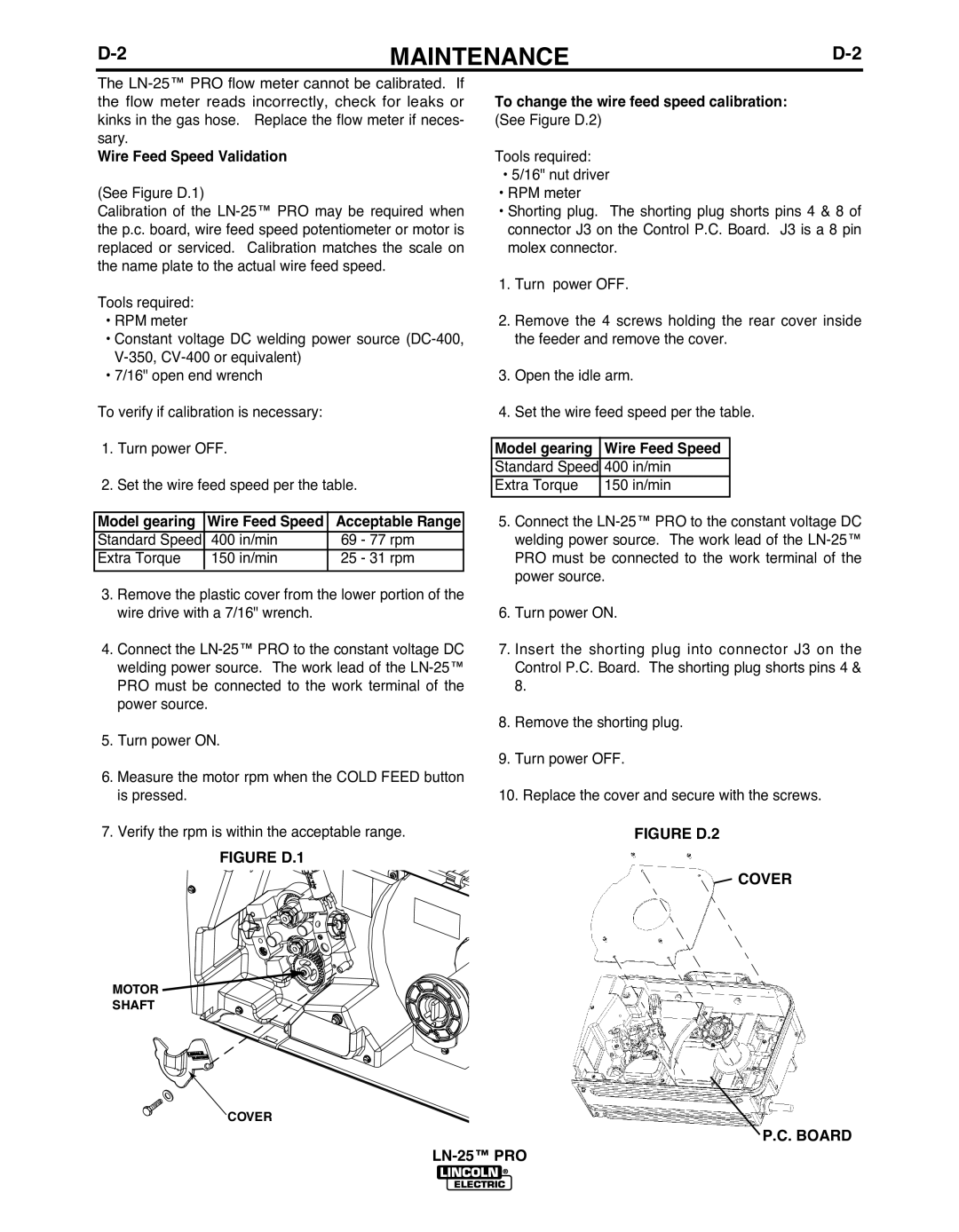 Lincoln Electric IM10031-A manual Wire Feed Speed Validation, Model gearing, BOARD LN-25 PRO 