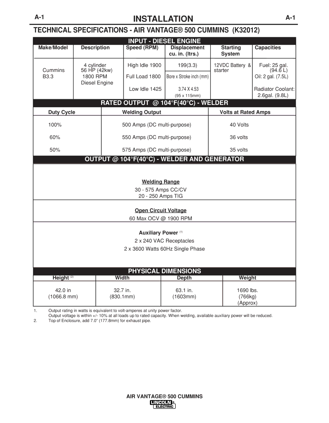 Lincoln Electric IM10041 manual Installation, Technical Specifications AIR Vantage 500 Cummins K32012, Open Circuit Voltage 