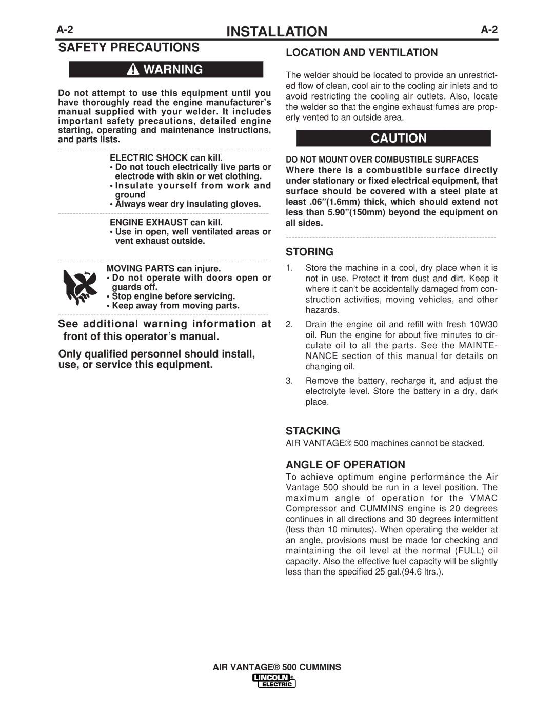 Lincoln Electric IM10041 manual Safety Precautions, Location and Ventilation, Storing, Stacking, Angle of Operation 