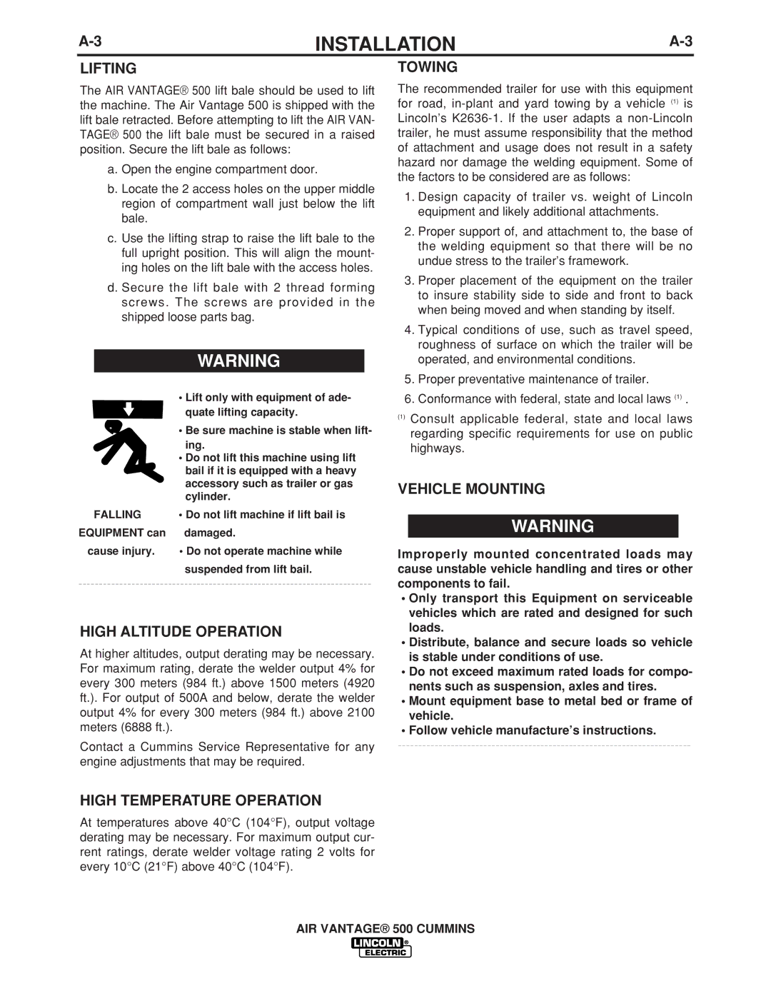 Lincoln Electric IM10041 manual Lifting, High Altitude Operation, High Temperature Operation, Towing, Vehicle Mounting 