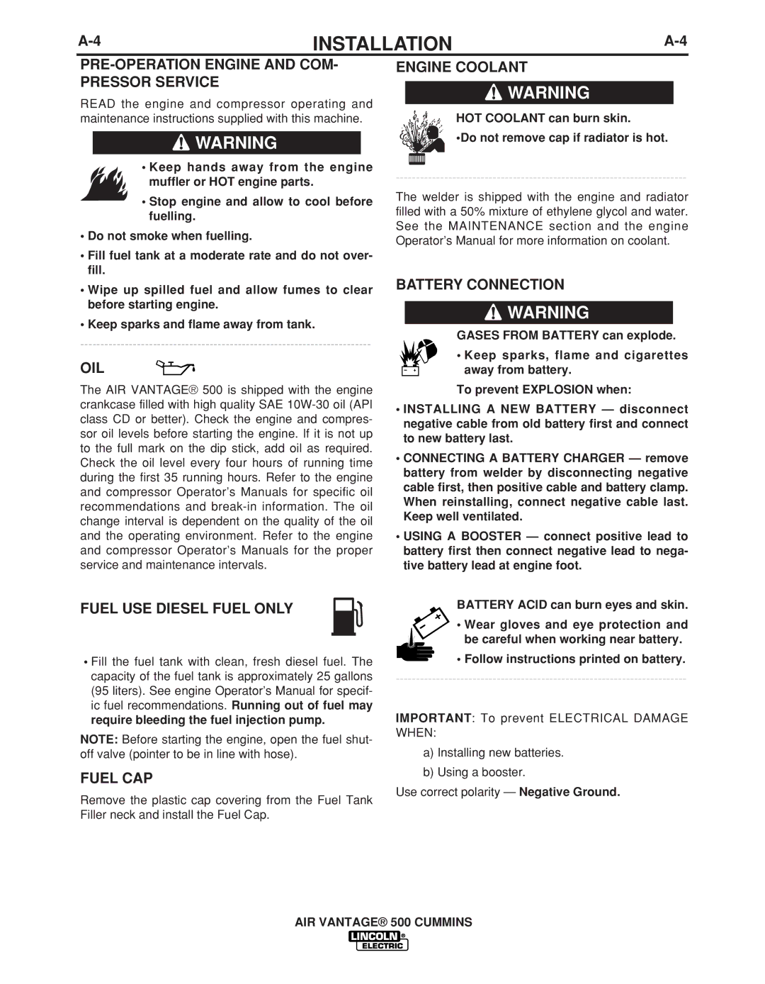 Lincoln Electric IM10041 manual PRE-OPERATION Engine and COM- Pressor Service, Oil, Fuel USE Diesel Fuel only, Fuel CAP 