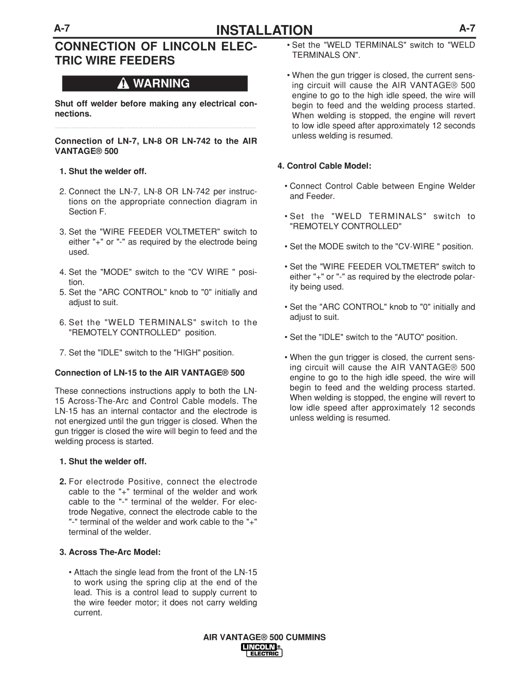 Lincoln Electric IM10041 manual Connection of Lincoln ELEC- Tric Wire Feeders, Connection of LN-15 to the AIR Vantage 