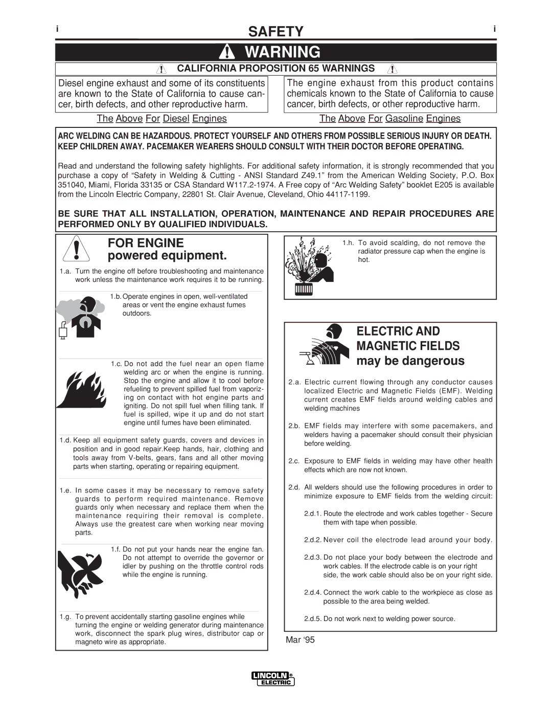 Lincoln Electric IM10041 manual Safety, California Proposition 65 Warnings 