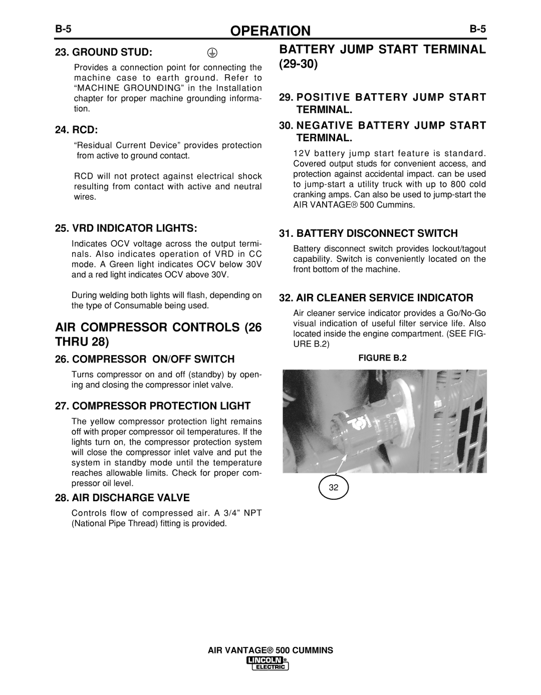 Lincoln Electric IM10041 manual Battery Jump Start Terminal, AIR Compressor Controls 26 Thru 