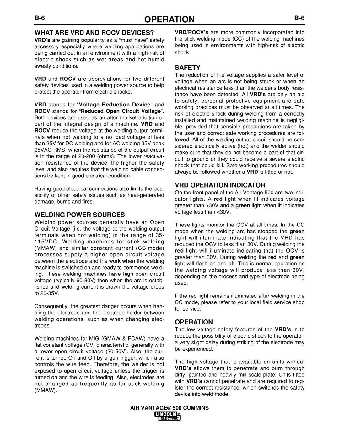 Lincoln Electric IM10041 manual What are VRD and Rocv DEVICES?, Welding Power Sources, Safety, VRD Operation Indicator 