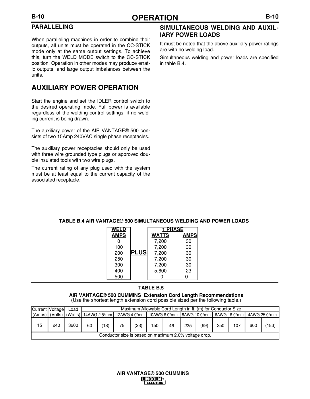 Lincoln Electric IM10041 Auxiliary Power Operation, Paralleling, Simultaneous Welding and AUXIL- Iary Power Loads, Plus 