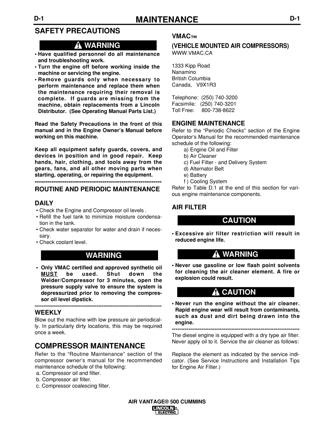 Lincoln Electric IM10041 manual Compressor Maintenance 