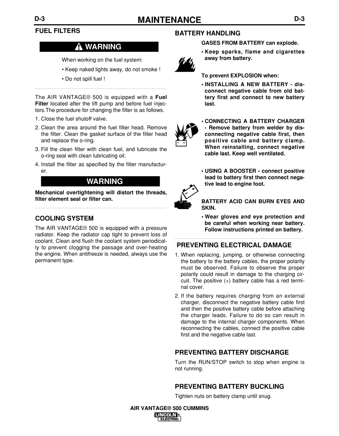 Lincoln Electric IM10041 manual Fuel Filters, Cooling System, Battery Handling, Preventing Electrical Damage 