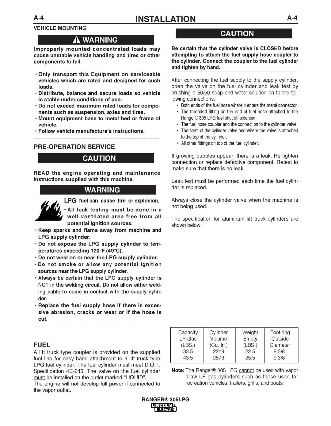 Lincoln Electric IM10043-A manual PRE-OPERATION Service, Fuel, Vehicle Mounting, Tighten by hand 