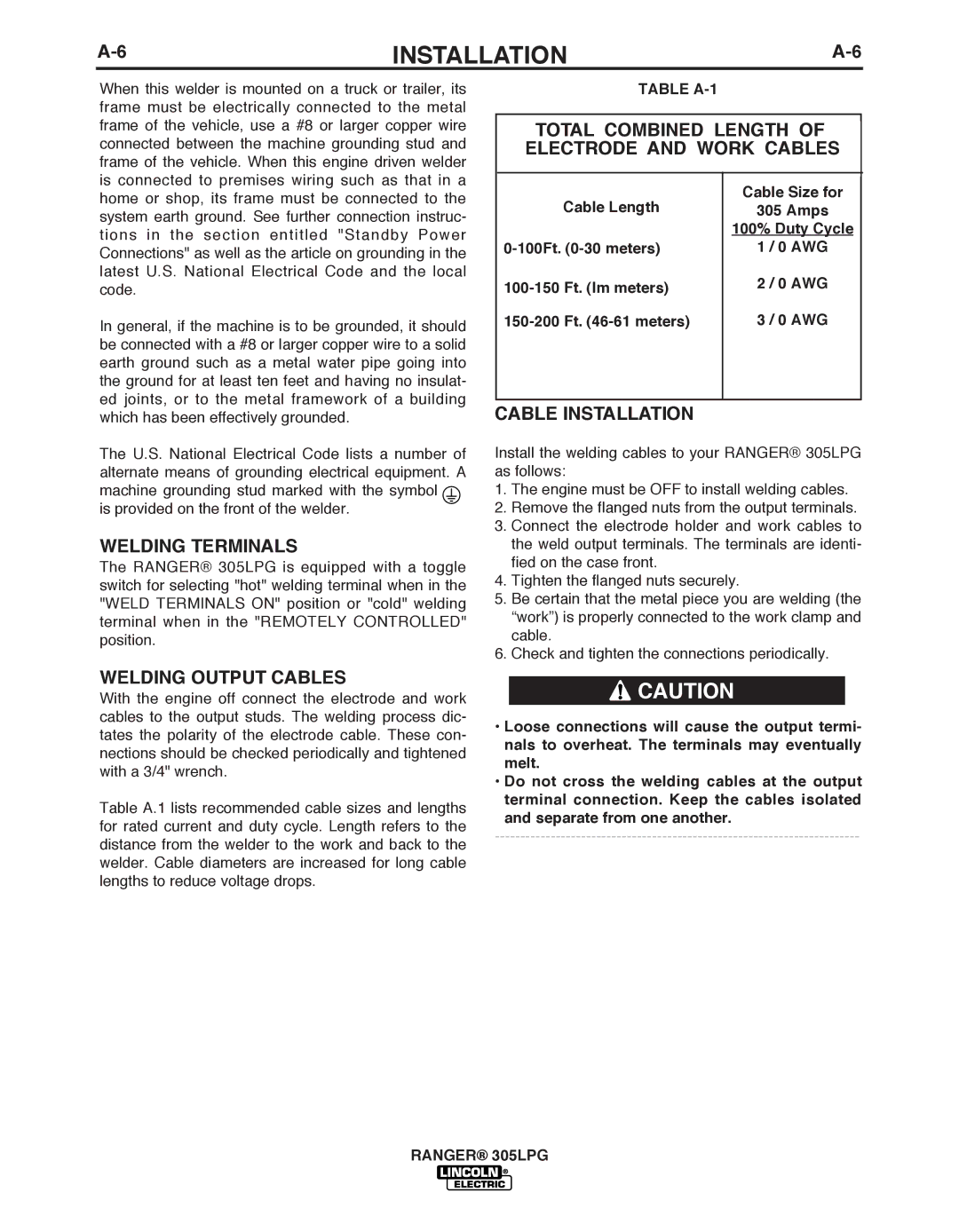 Lincoln Electric IM10043-A Total COMbINED Length of Electrode and Work CAbLES, Welding Terminals, Welding Output CAbLES 