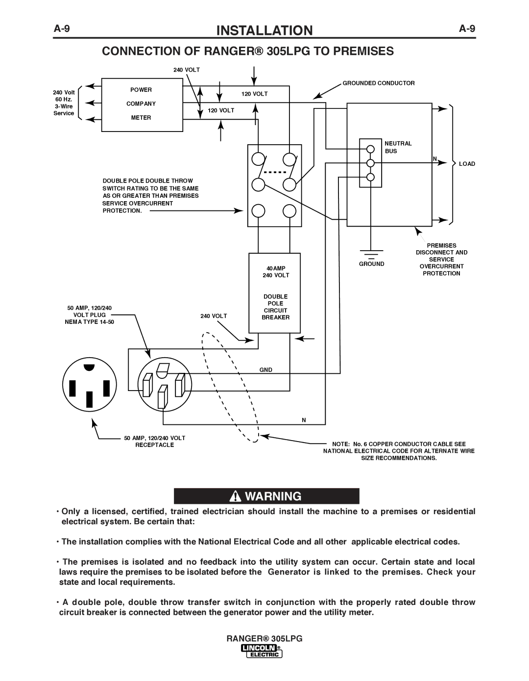 Lincoln Electric IM10043-A manual Connection of Ranger 305LPG to Premises 