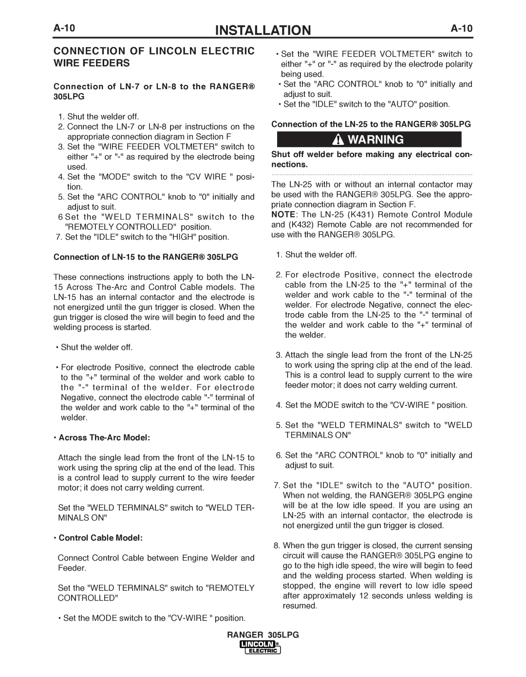 Lincoln Electric IM10043-A Connection of Lincoln Electric Wire Feeders, Connection of LN-7 or LN-8 to the Ranger 305LPG 