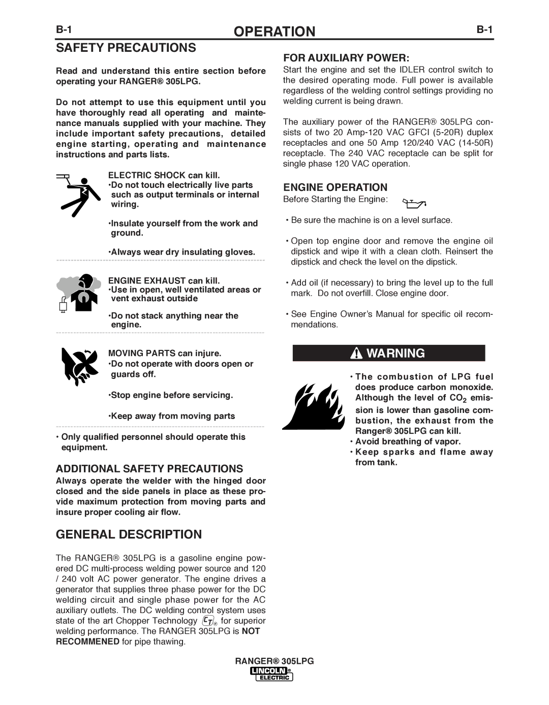 Lincoln Electric IM10043-A manual General Description, For Auxiliary Power, Engine Operation 