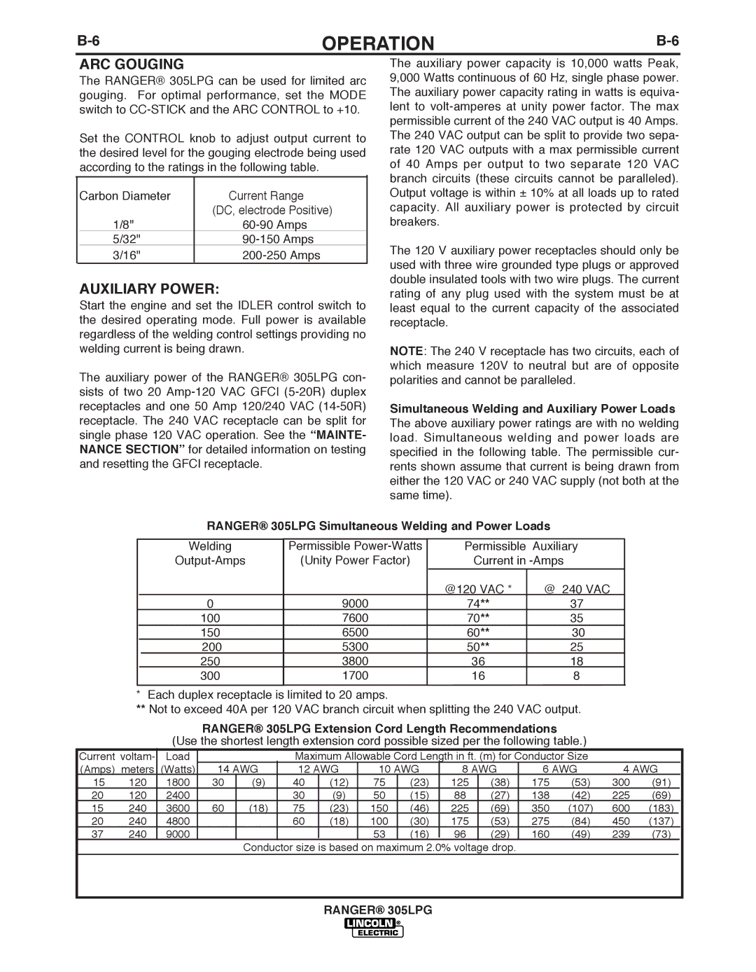 Lincoln Electric IM10043-A manual ARC Gouging, Auxiliary Power, Ranger 305LPG Extension Cord Length Recommendations 