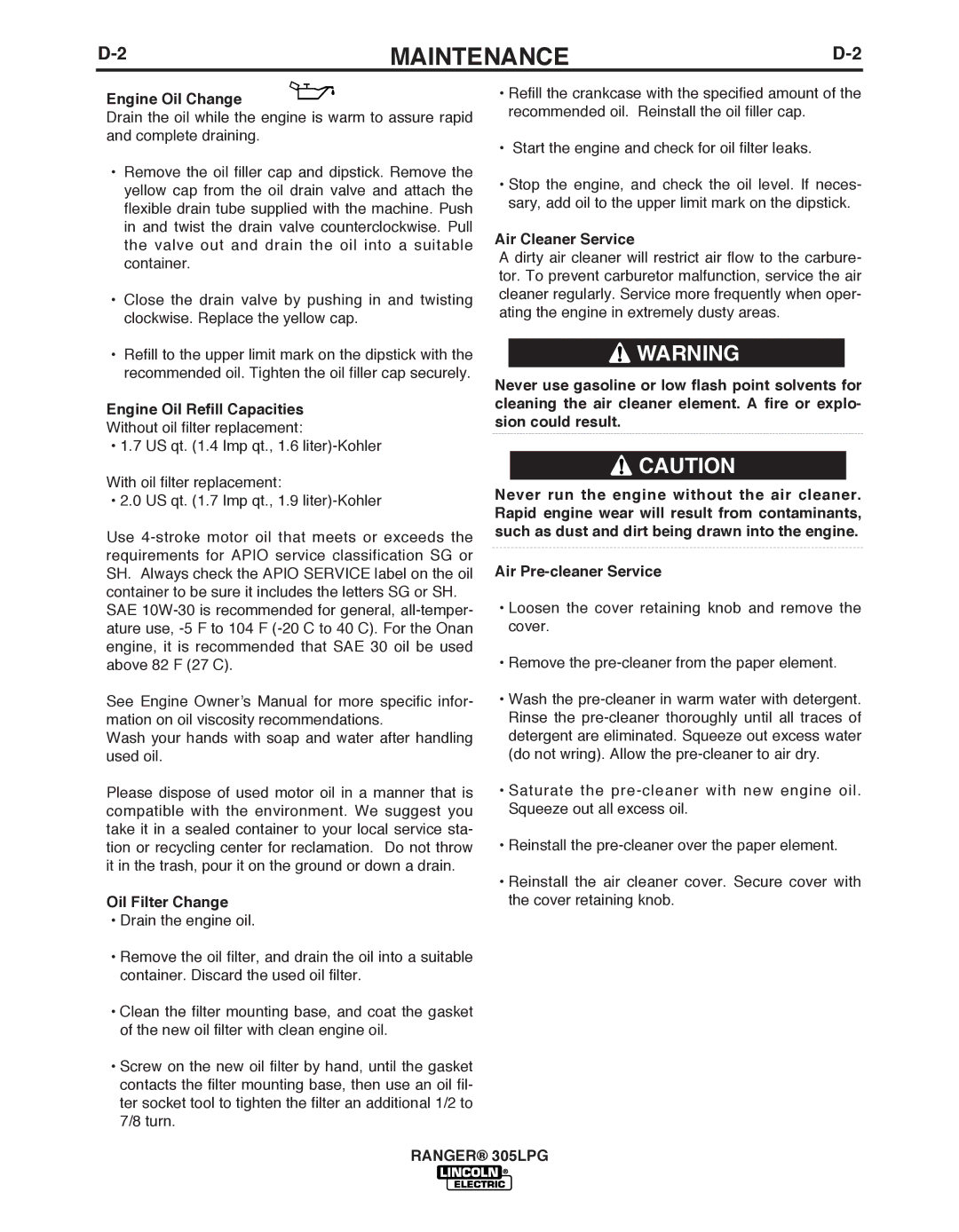 Lincoln Electric IM10043-A manual Engine Oil Change, Engine Oil Refill Capacities Without oil filter replacement 