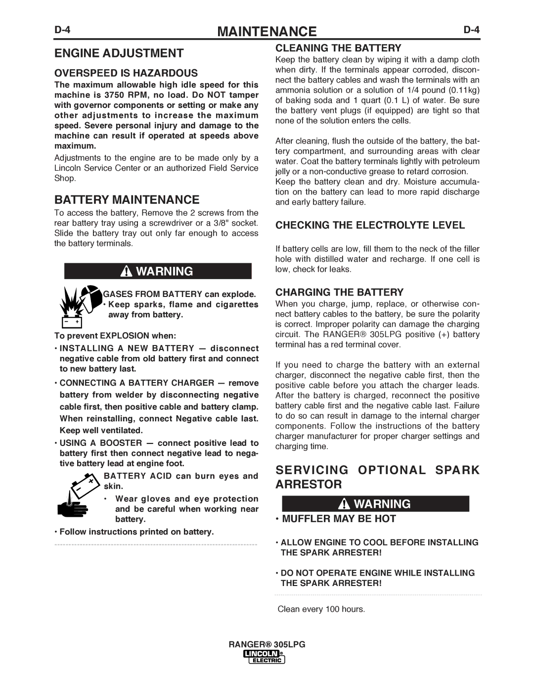 Lincoln Electric IM10043-A manual Engine Adjustment, Servicing Optional Spark Arrestor, Checking the Electrolyte Level 