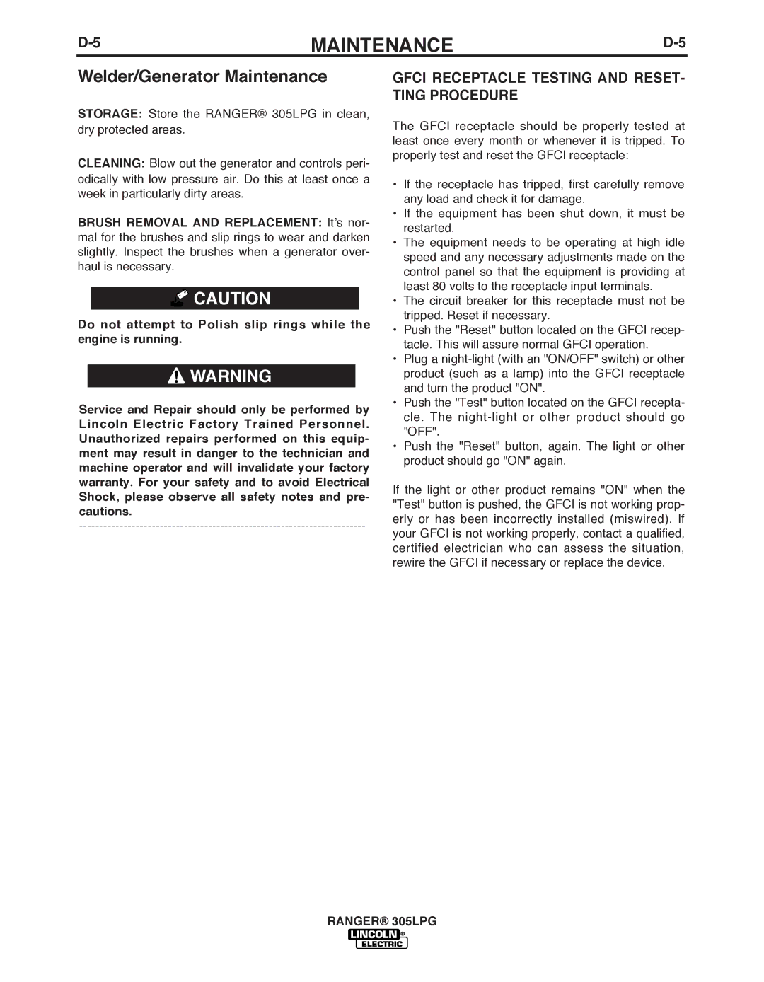 Lincoln Electric IM10043-A manual Welder/Generator Maintenance, Gfci Receptacle Testing and RESET- Ting Procedure 