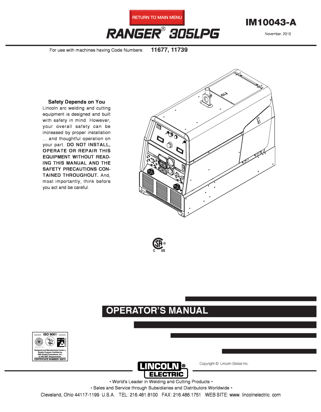 Lincoln Electric IM10043-A manual Ranger, 305LPG, Operator’S Manual, Safety Depends on You 