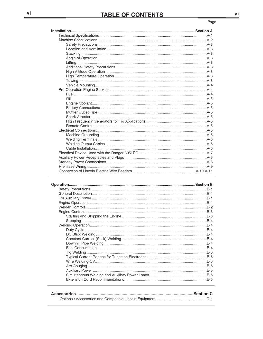 Lincoln Electric IM10043-A manual TAbLE OF CONTENTS, Section C, Installation, Section A, Operation, Section b, Accessories 