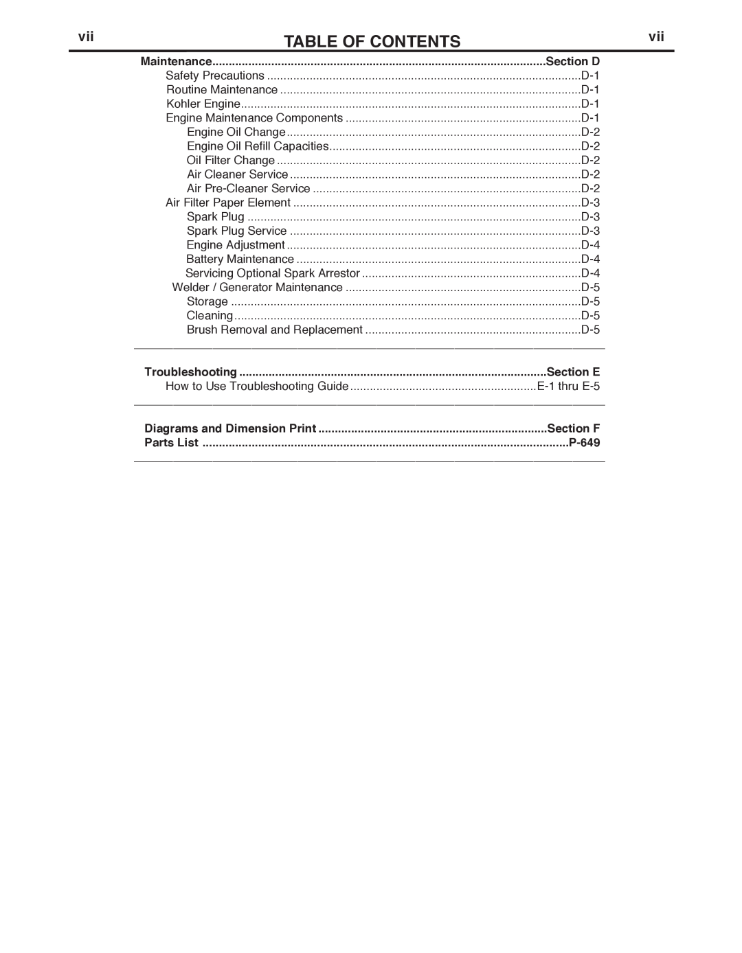 Lincoln Electric IM10043-A manual TAbLE OF CONTENTS, Section D, Section E, Section F, P-649 