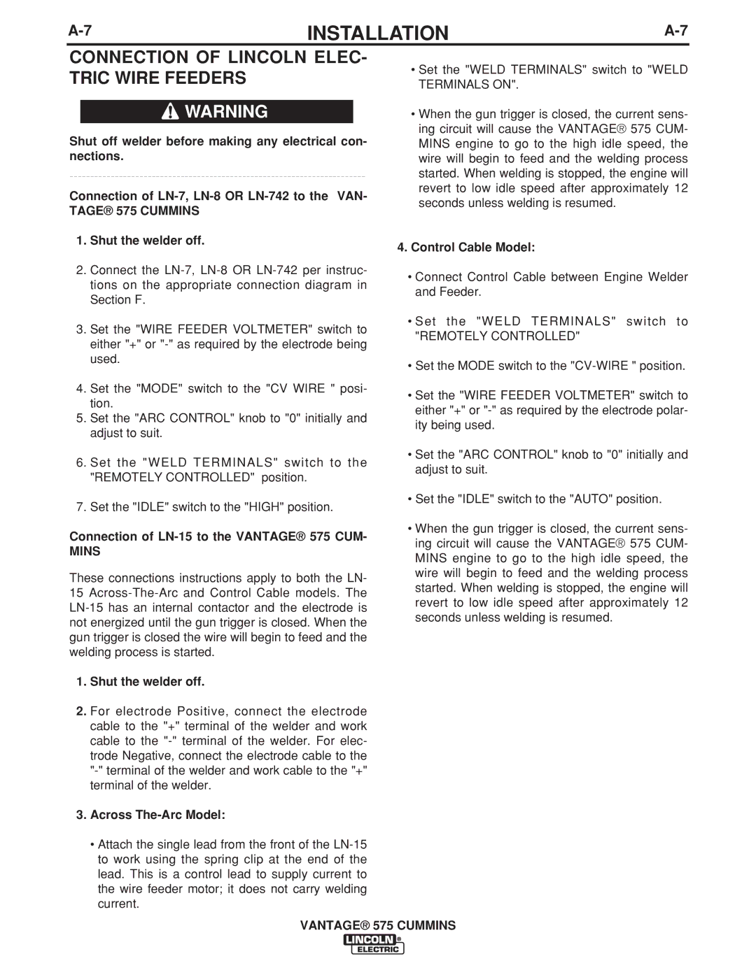 Lincoln Electric IM10044 manual Connection of Lincoln ELEC- Tric Wire Feeders, Connection of LN-15 to the Vantage 575 CUM 