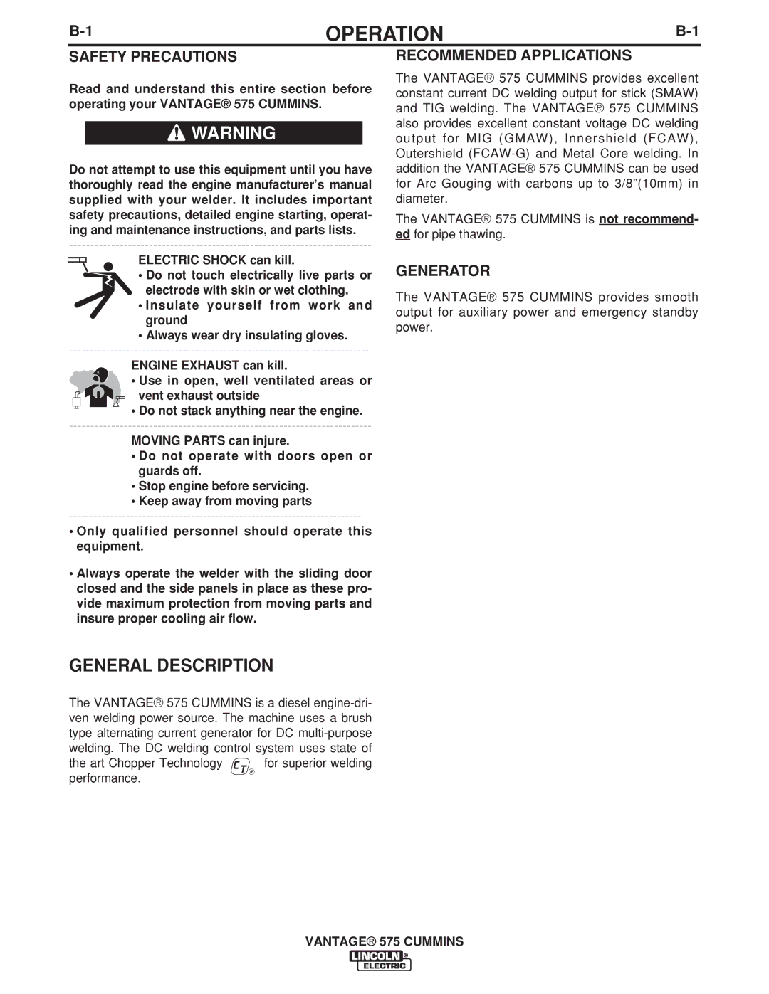 Lincoln Electric IM10044 manual Operation, General Description, Safety Precautions, Recommended Applications, Generator 