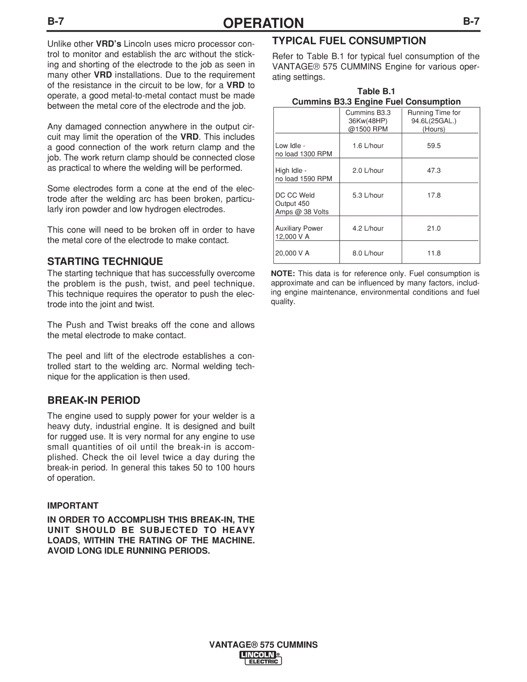 Lincoln Electric IM10044 manual Starting Technique, BREAK-IN Period, Typical Fuel Consumption 