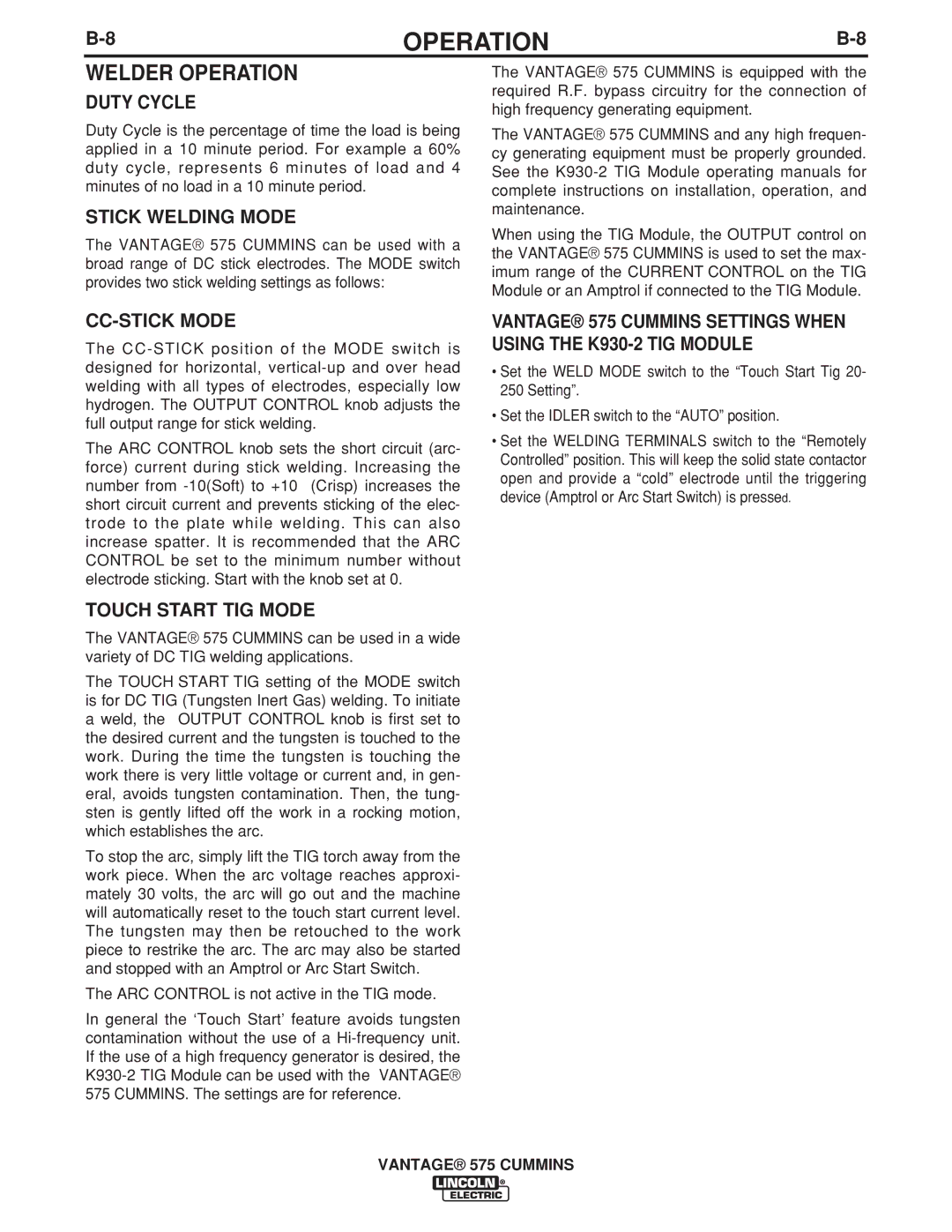 Lincoln Electric IM10044 manual Welder Operation, Duty Cycle, Stick Welding Mode, CC-STICK Mode, Touch Start TIG Mode 