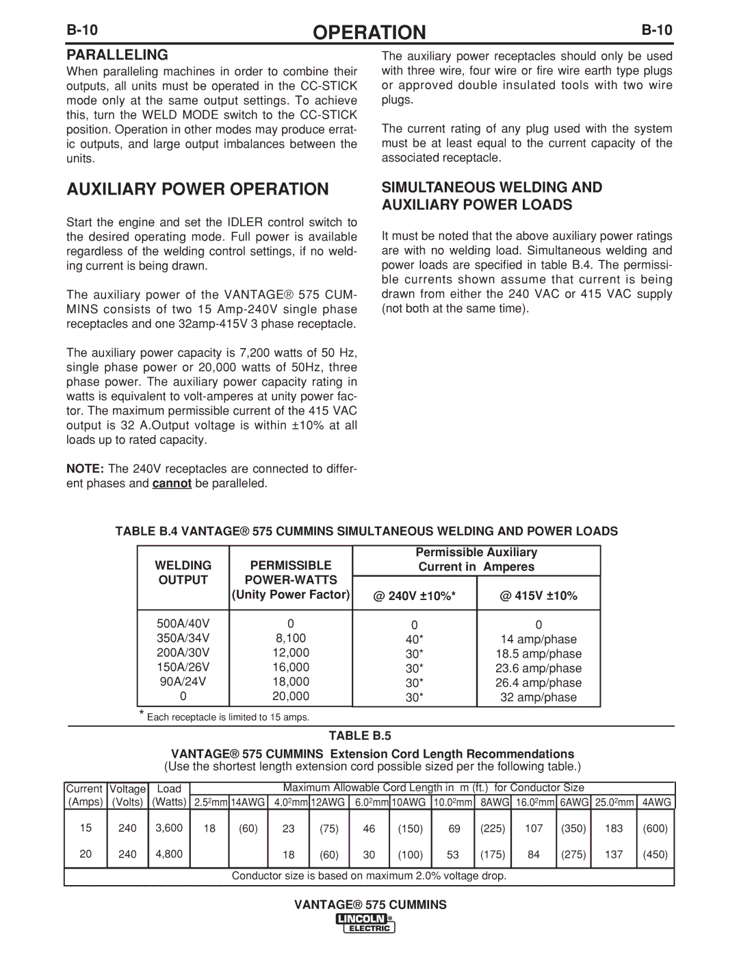 Lincoln Electric IM10044 manual Auxiliary Power Operation, Paralleling, Simultaneous Welding and Auxiliary Power Loads 