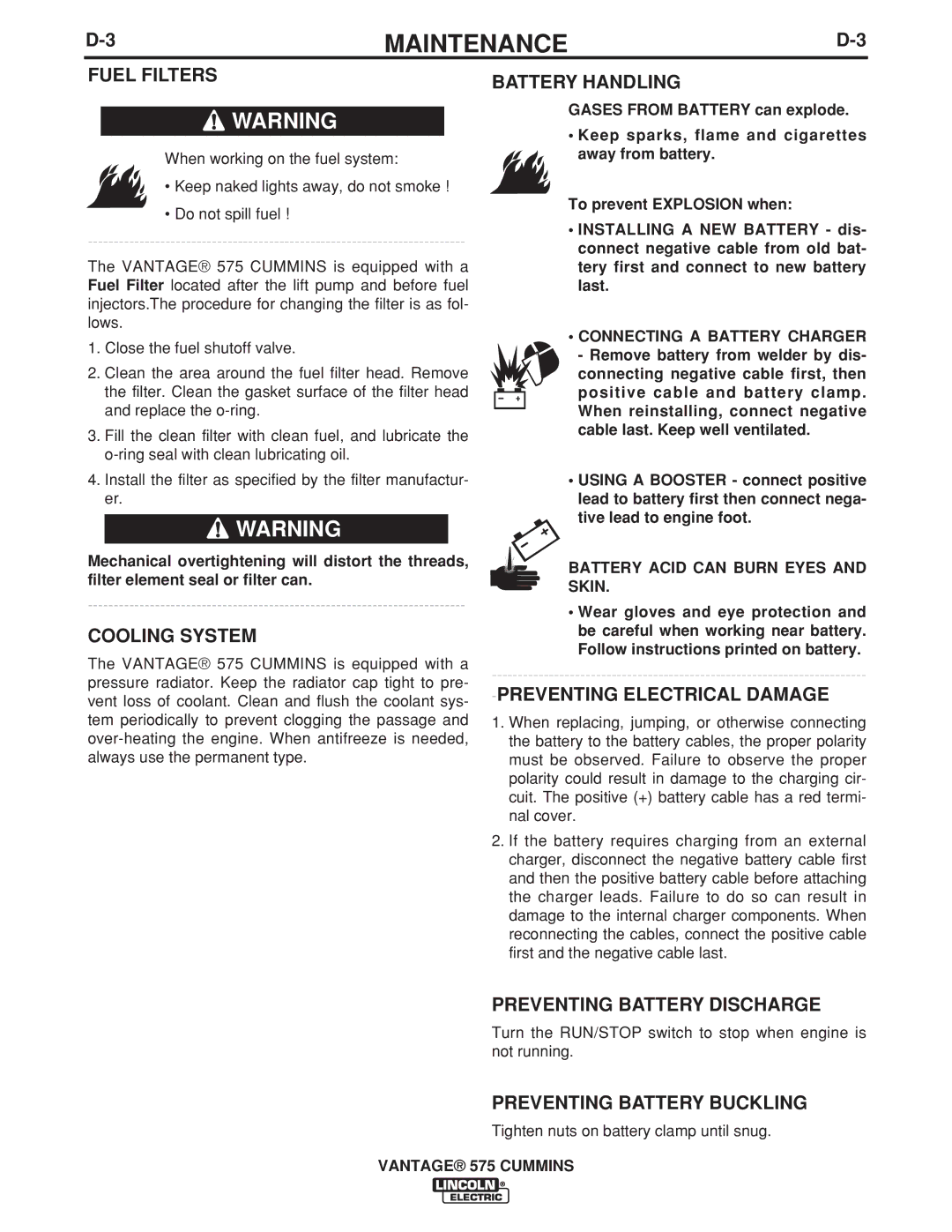 Lincoln Electric IM10044 manual Fuel Filters, Cooling System, Battery Handling, Preventing Electrical Damage 