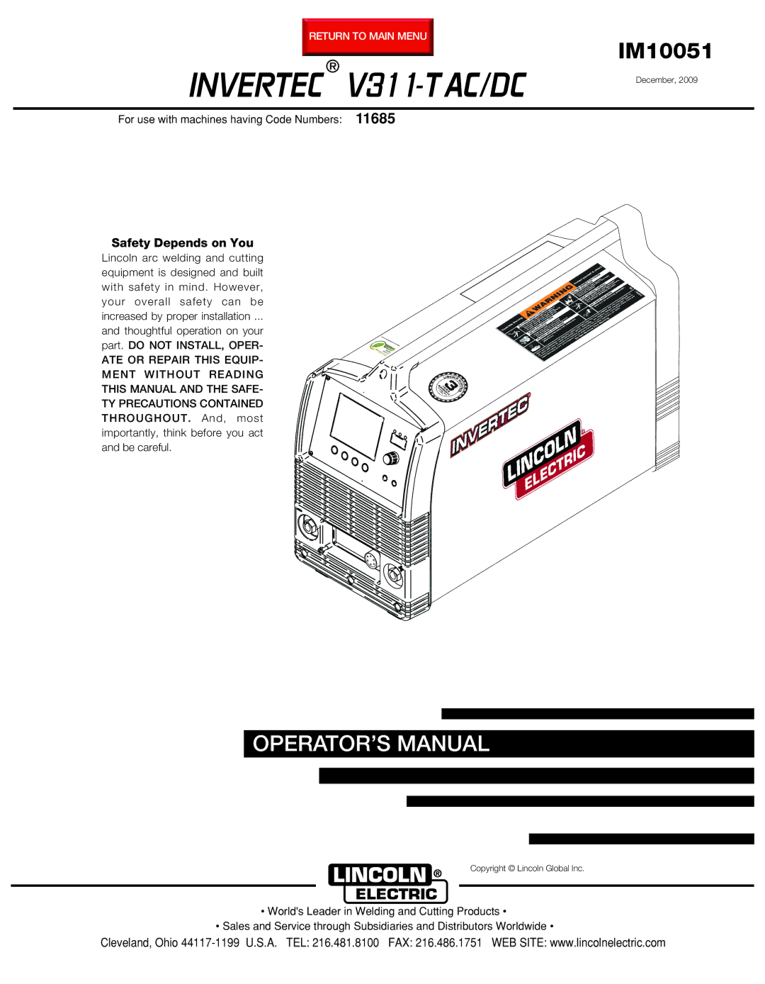 Lincoln Electric IM10051 manual Invertec, 11685 