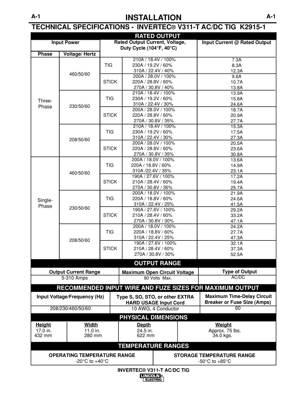 Lincoln Electric IM10051 manual Installation, Technical Specifications Invertec V311-T AC/DC TIG K2915-1 