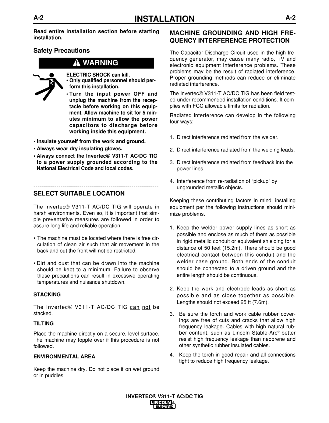 Lincoln Electric IM10051 manual Safety Precautions, Select Suitable Location, Stacking, Tilting, Environmental Area 