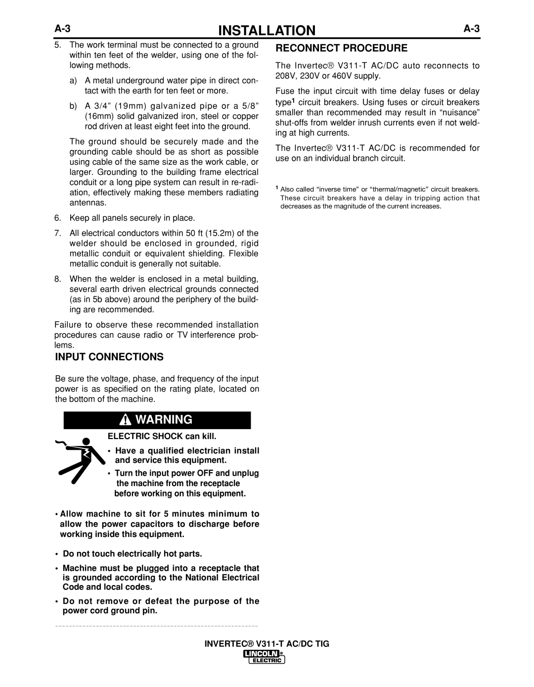 Lincoln Electric IM10051 manual Input Connections, Reconnect Procedure 