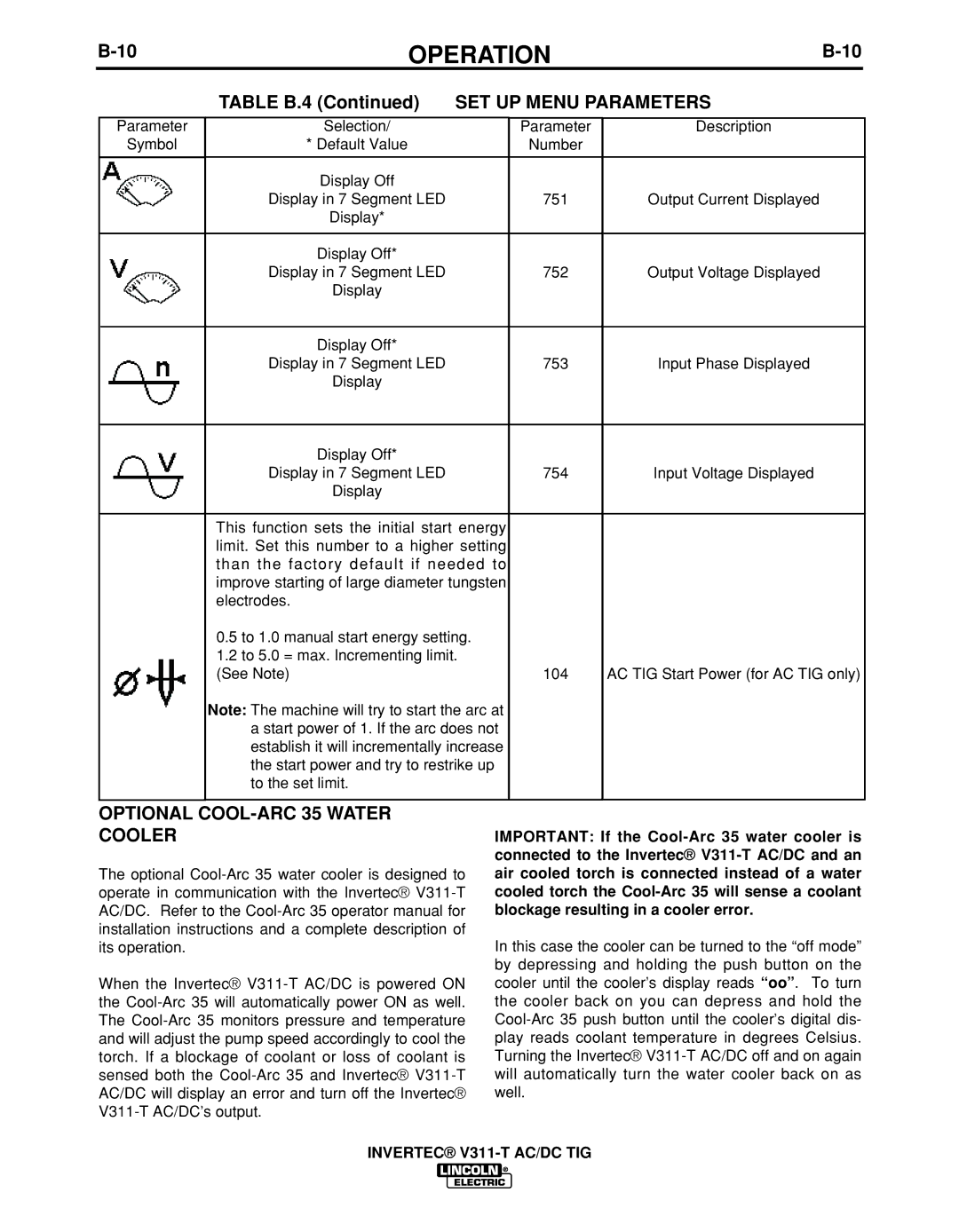 Lincoln Electric IM10051 manual Table B.4, Optional COOL-ARC 35 Water Cooler 