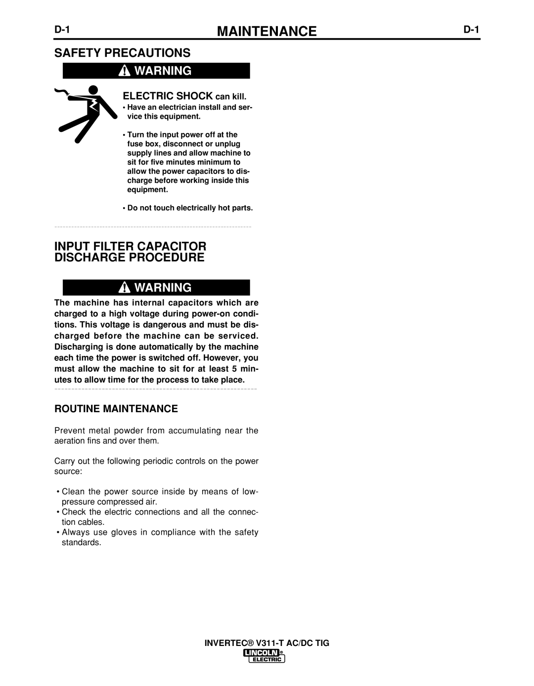 Lincoln Electric IM10051 manual Safety Precautions, Input Filter Capacitor Discharge Procedure, Routine Maintenance 