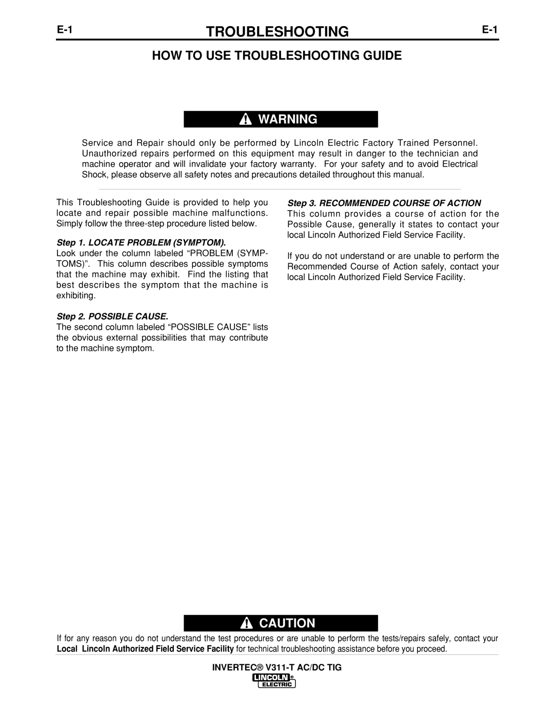 Lincoln Electric IM10051 manual HOW to USE Troubleshooting Guide 