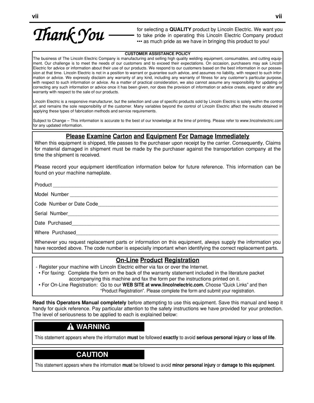 Lincoln Electric IM10051 Vii, Please Examine Carton and Equipment For Damage Immediately, On-Line Product Registration 