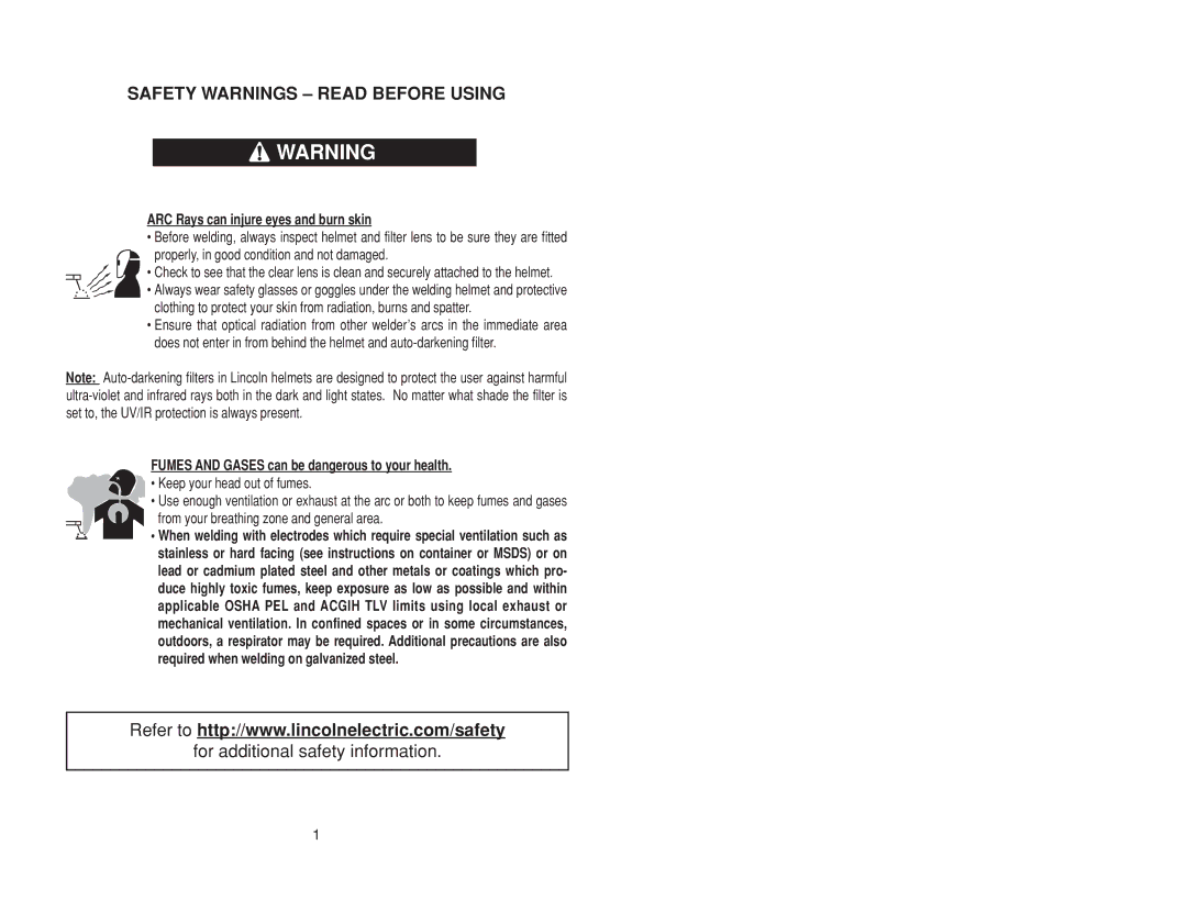 Lincoln Electric IM10055 specifications Safety Warnings Read Before Using, ARC Rays can injure eyes and burn skin 