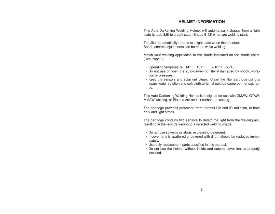 Lincoln Electric IM10055 specifications Helmet Information 