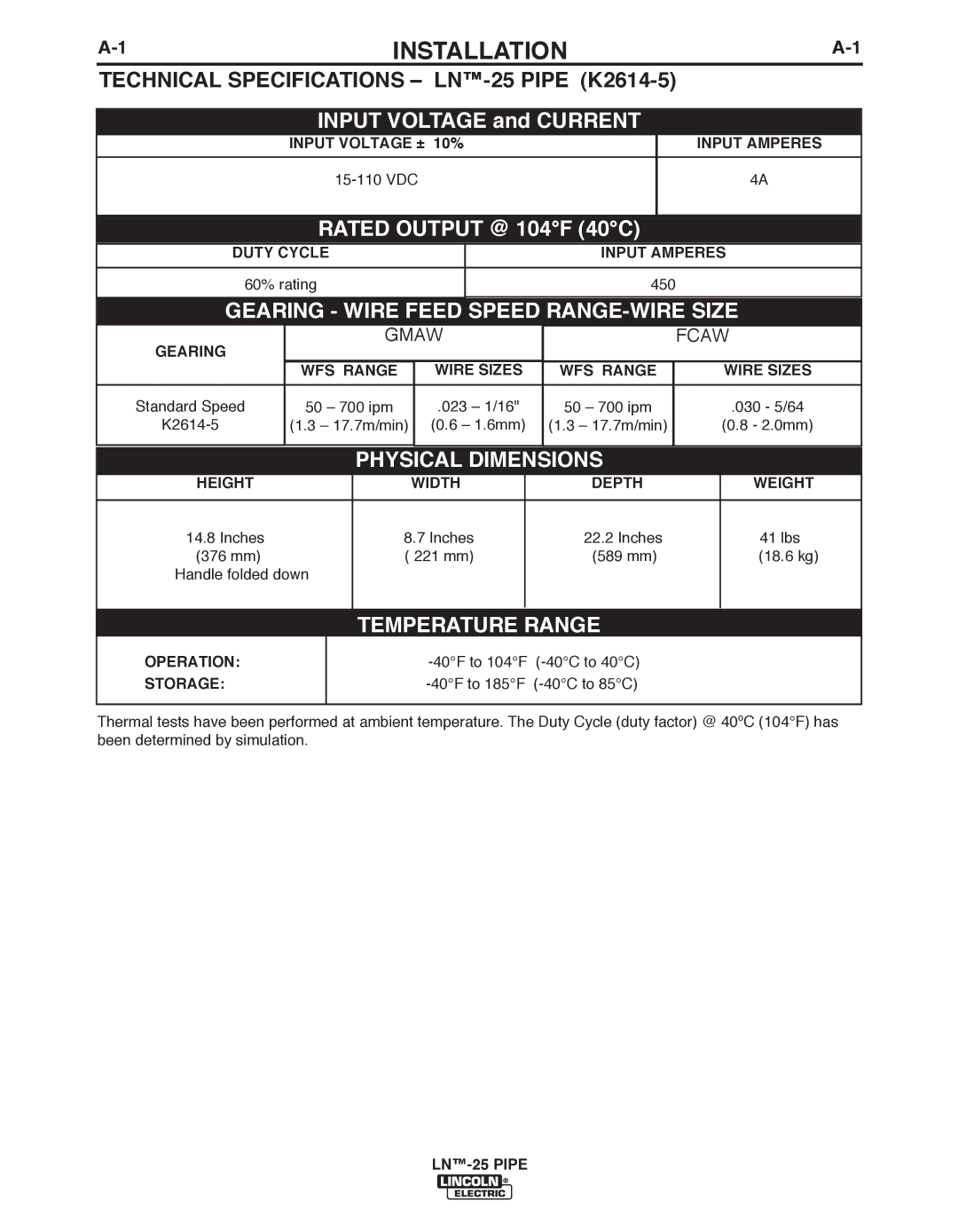 Lincoln Electric IM10056 manual Installation, Technical Specifications LN-25 Pipe K2614-5 