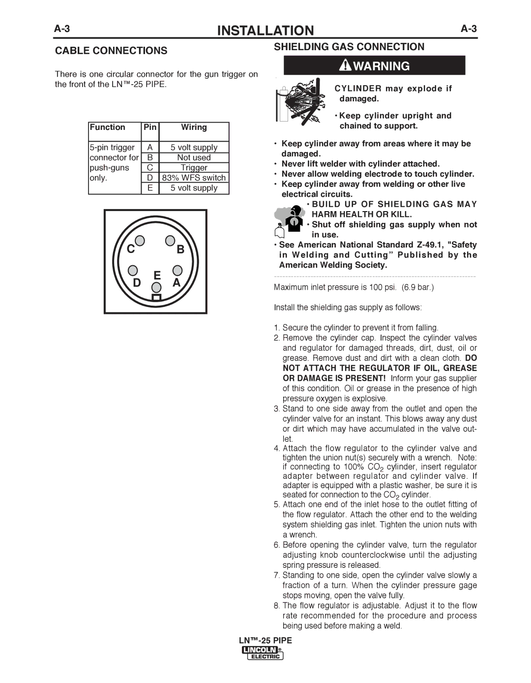 Lincoln Electric IM10056 manual CAbLE Connections, Shielding GAS Connection, Function Pin Wiring 