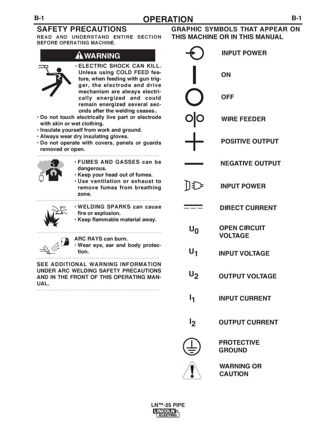 Lincoln Electric IM10056 manual Operation, Safety Precautions 