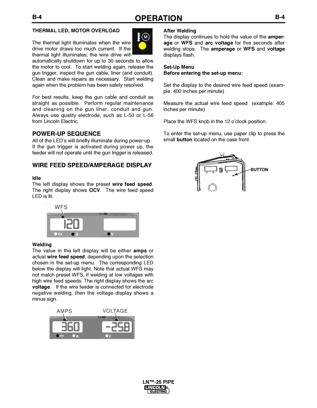 Lincoln Electric IM10056 manual POWER-UP Sequence, Wire Feed SPEED/AMPERAGE Display, Thermal LED, Motor Overload 