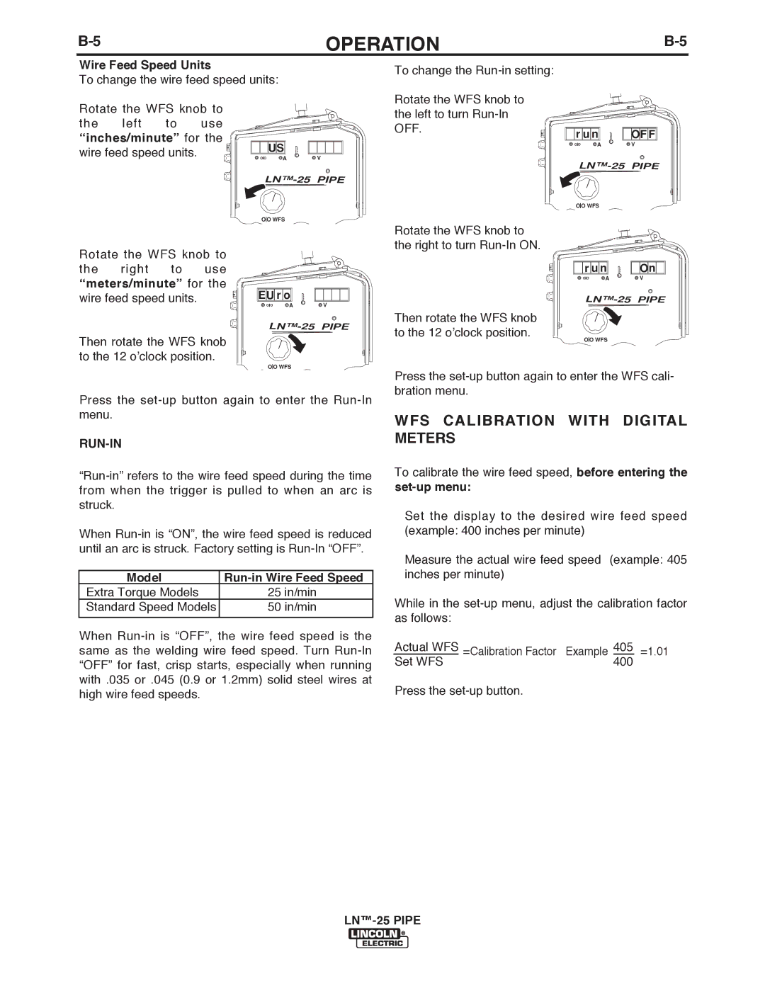 Lincoln Electric IM10056 manual WFS CALIbRATION with Digital Meters, Wire Feed Speed Units, Inches/minute for, Run-In 